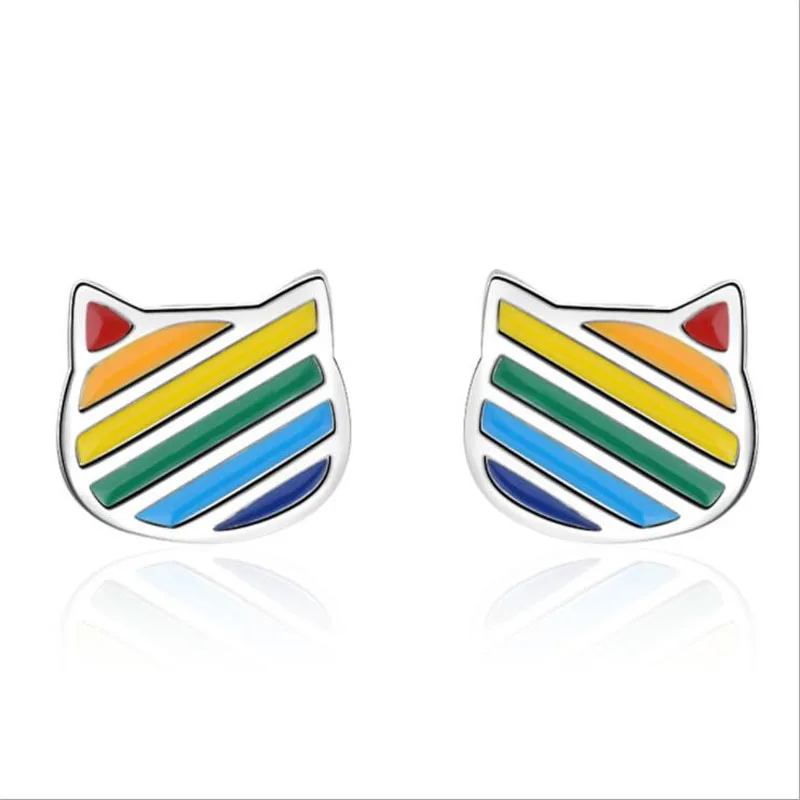 

KOFSAC New Fashion 925 Sterling Silver Stud Earrings For Women Girl Colored Glaze Simple Cute Cat Earring Party Jewelry Gift 587