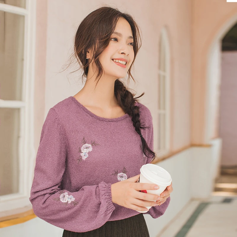 INMAN 2019 Autumn New Elegant Fresh Embroidered Fitted Lanterns Sleeves Long-sleeved Female Sweater | Женская одежда