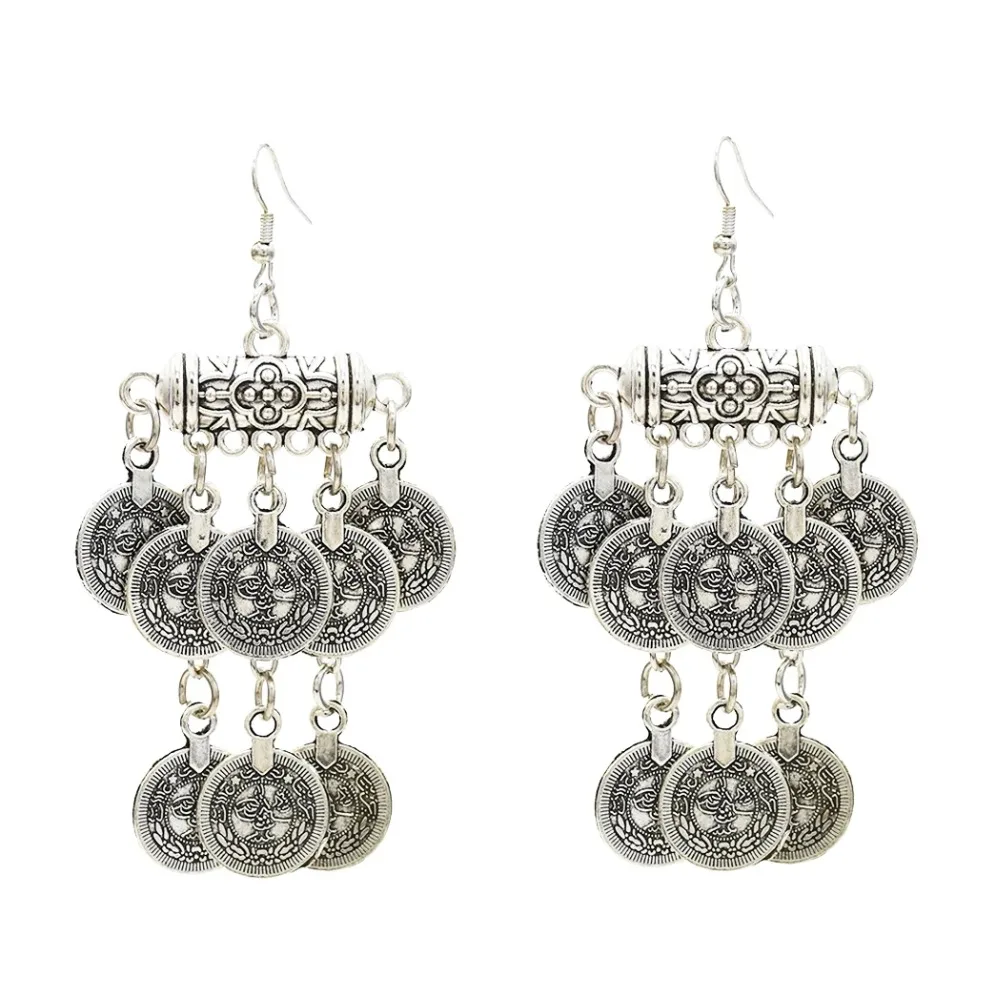Афганский окисленное серебро Монета этнические сережки в виде капелек Jhumka Индийский Большой длинной кисточкой серьги для Для женщин Винтаж Египет ювелирные украшения в этническом стиле