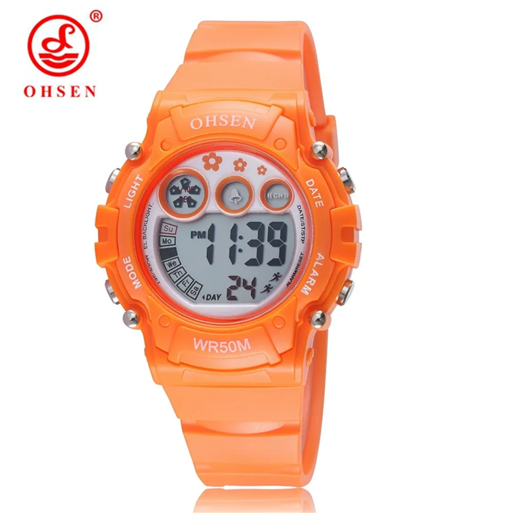 orange OHSEN, женские спортивные часы, пластиковый ремешок, 50 м, Diver, светодиодный, цифровые наручные часы, желеобразный цвет, водонепроницаемые часы для женщин - Цвет: orange