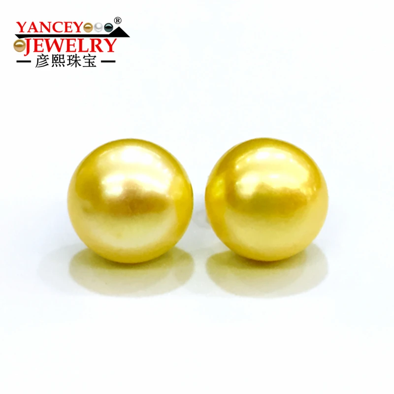 Женские серьги гвоздики с натуральным пресноводным жемчугом желтые 9k золото