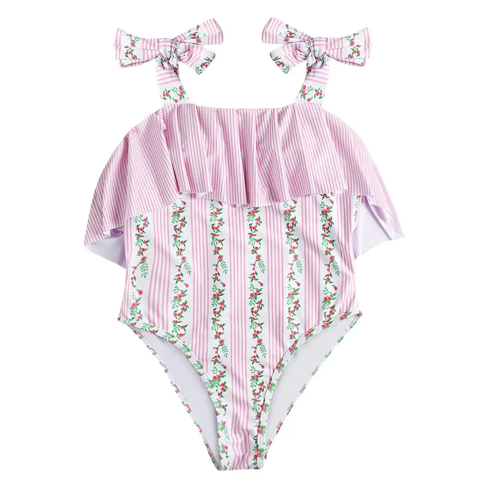 Pink Belleziva Женский Цельный купальник с цветочным принтом, на бретелях, с открытой спиной, боди с оборками, Женский винтажный купальник, купальный костюм, монокини - Цвет: Pink