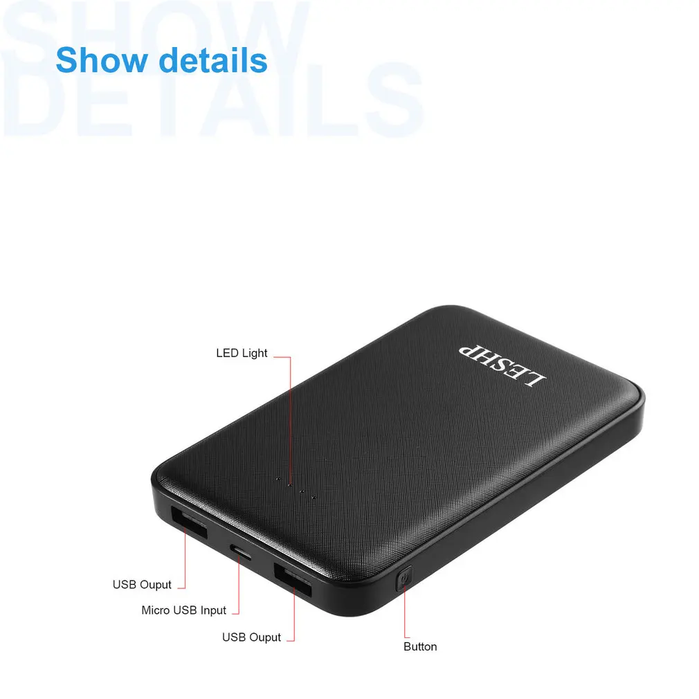 LESHP Black Super-high 10000mAh Capacity 5V 2A 2 Port Lightweight Portable Easy to Carry Compact Fast-charging Power Bank