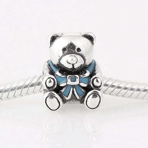 Плюшевый мишка с голубым бантом Fits EU торговая марка браслет шармами 925 серебряные