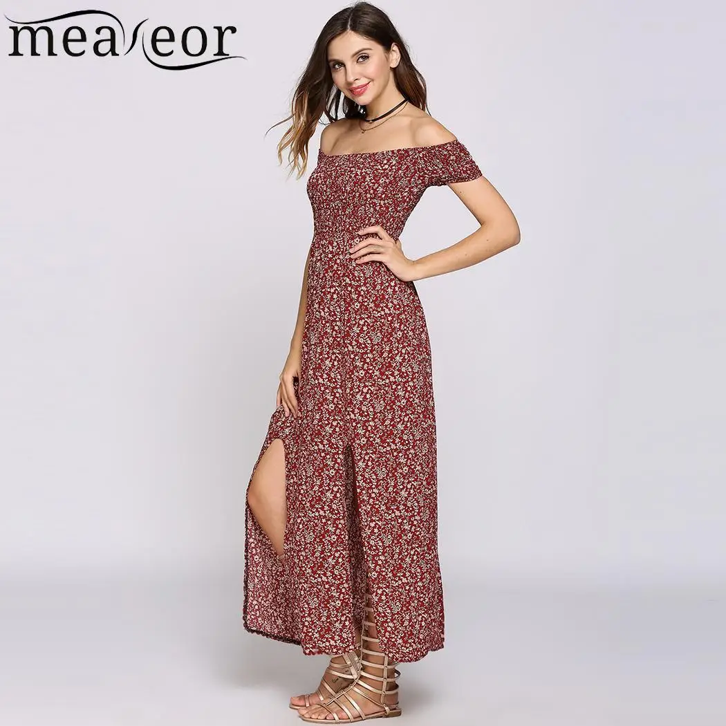 Boho рукав от плеча короткие Стиль Цветочный принт Разделение низ пляжные