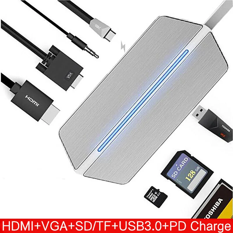 silvery AJIUYU USB-C HD mi to VGA для Xiao mi Book Air Pro 13,3 дюймов 12," mi ноутбук конвертер USB C концентратор RJ45 кардридер PD многопортовый - Цвет: silvery