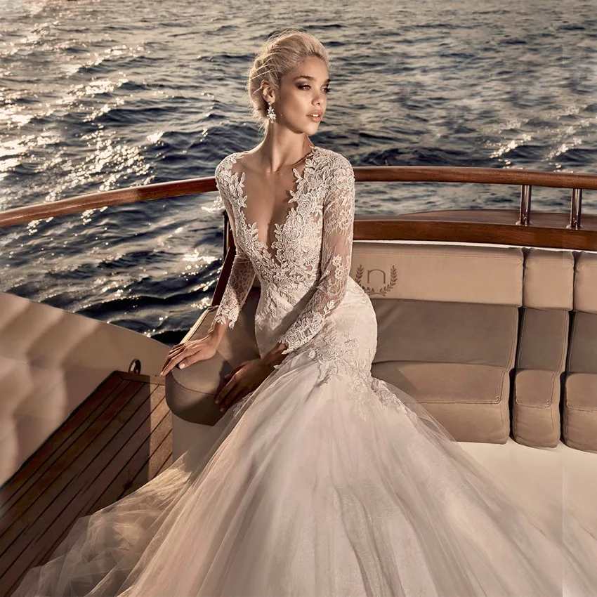 Простой 2017 Свадебное Платье Русалка Тюль Аппликации Scoop Шеи Полный Рукавом