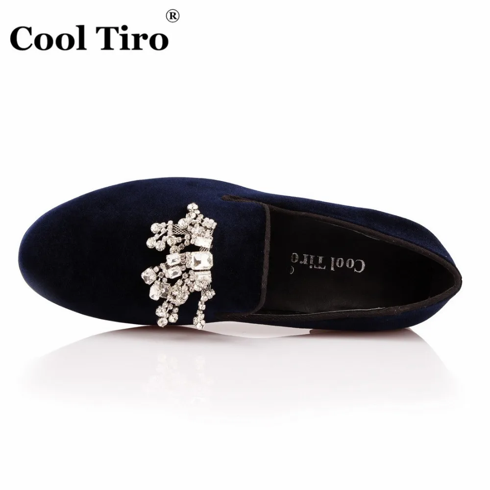 COOL TIRO/Новинка синие бархатные мужские лоферы со стразами и цветком для вечеринки