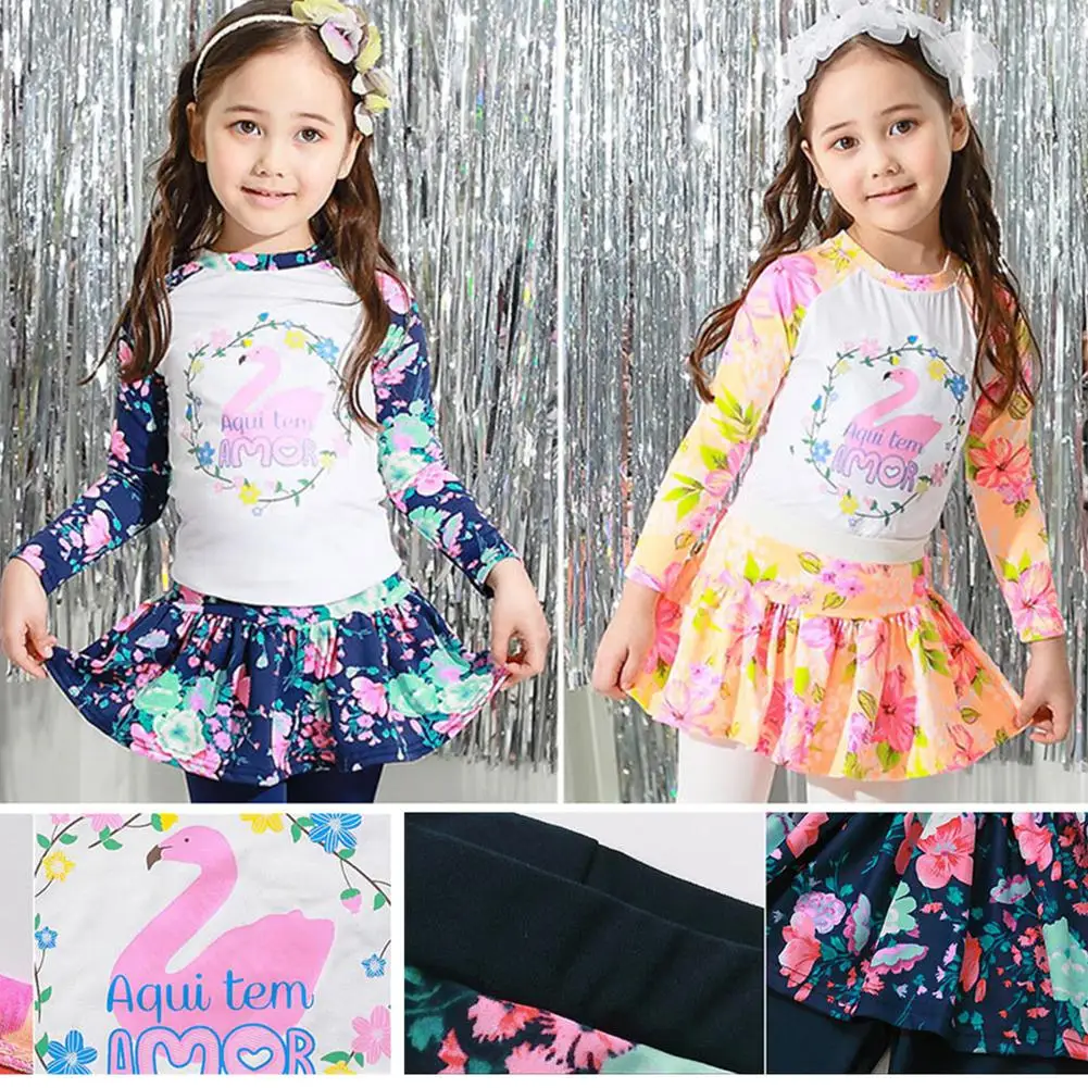 Kids Girls Cartoon Printing Quick Dry Long Sleeve Skirt Type Top Pants Muslim Swimwear Set Summer Beach Clothing Swimsuits