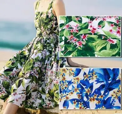 

So Pretty Green & Blue Leaf Flower Printed Cotton Spandex Fabric 50x140cm
