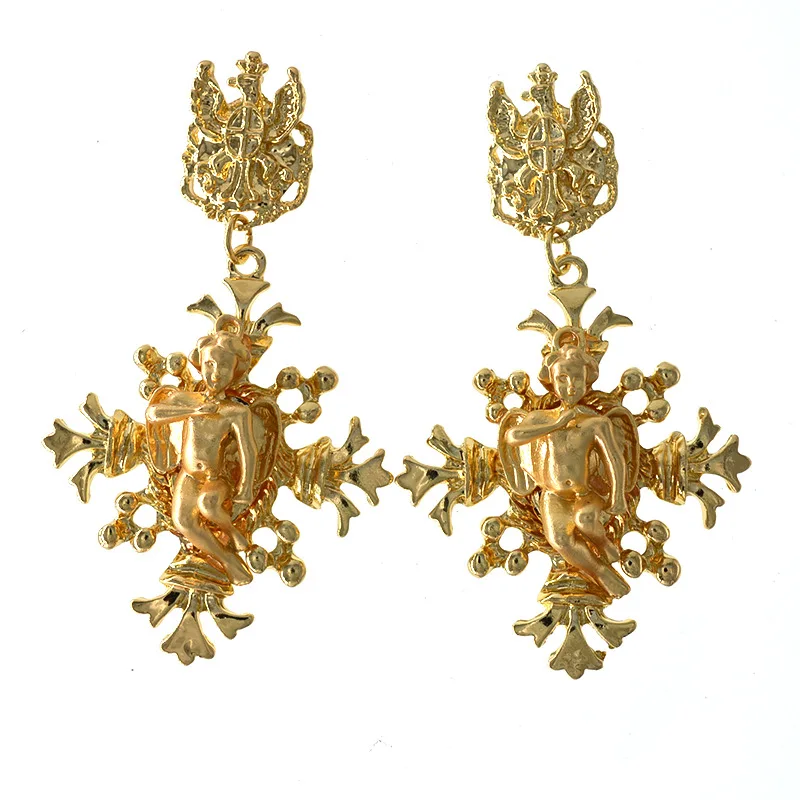 Женские ажурные серьги подвески винтажные массивные золотого цвета с крестом