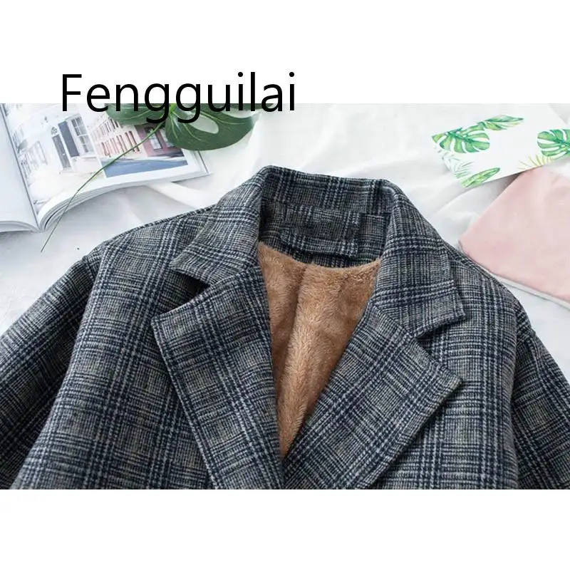 

Plaid Woolen Fleece Notched Womens Jacket Coat Long Velvet Thicken Office Lady Women Overcoat 2019 Autumn Winter Warm Coats
