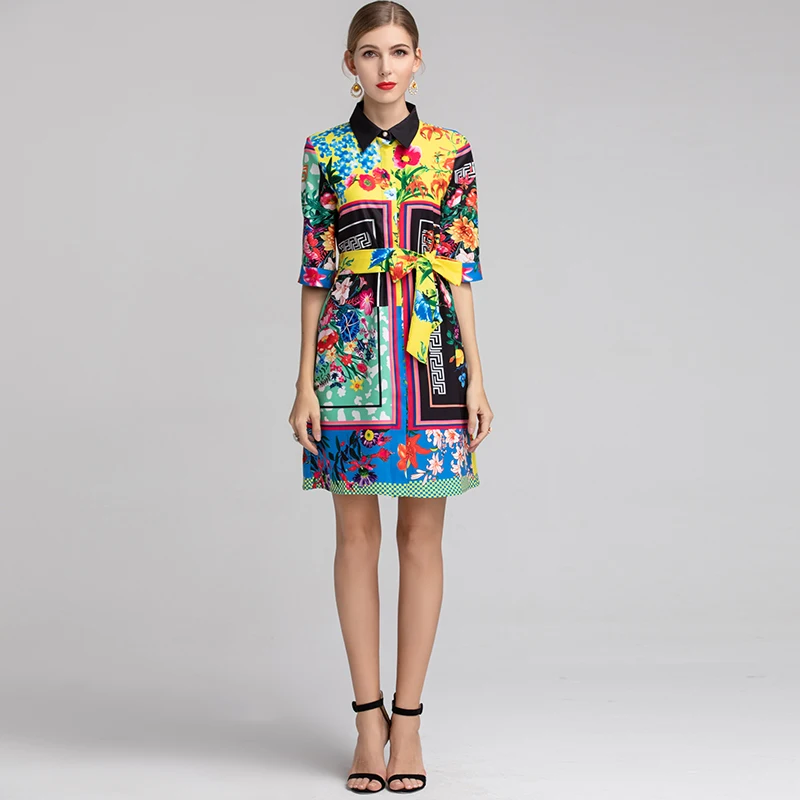 XF Bohemian 2019 модные дизайнерские с отворотом рукавом 1/2 цветочный принт + пояс летние