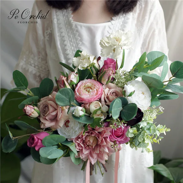 Bridal bouquet Пеорхидея на заказ розовый свадебный букет эвкалиптовая Роза имитация корейский стиль Свадебный букет невесты с цветами букет невесты - Цвет: Bridal bouquet