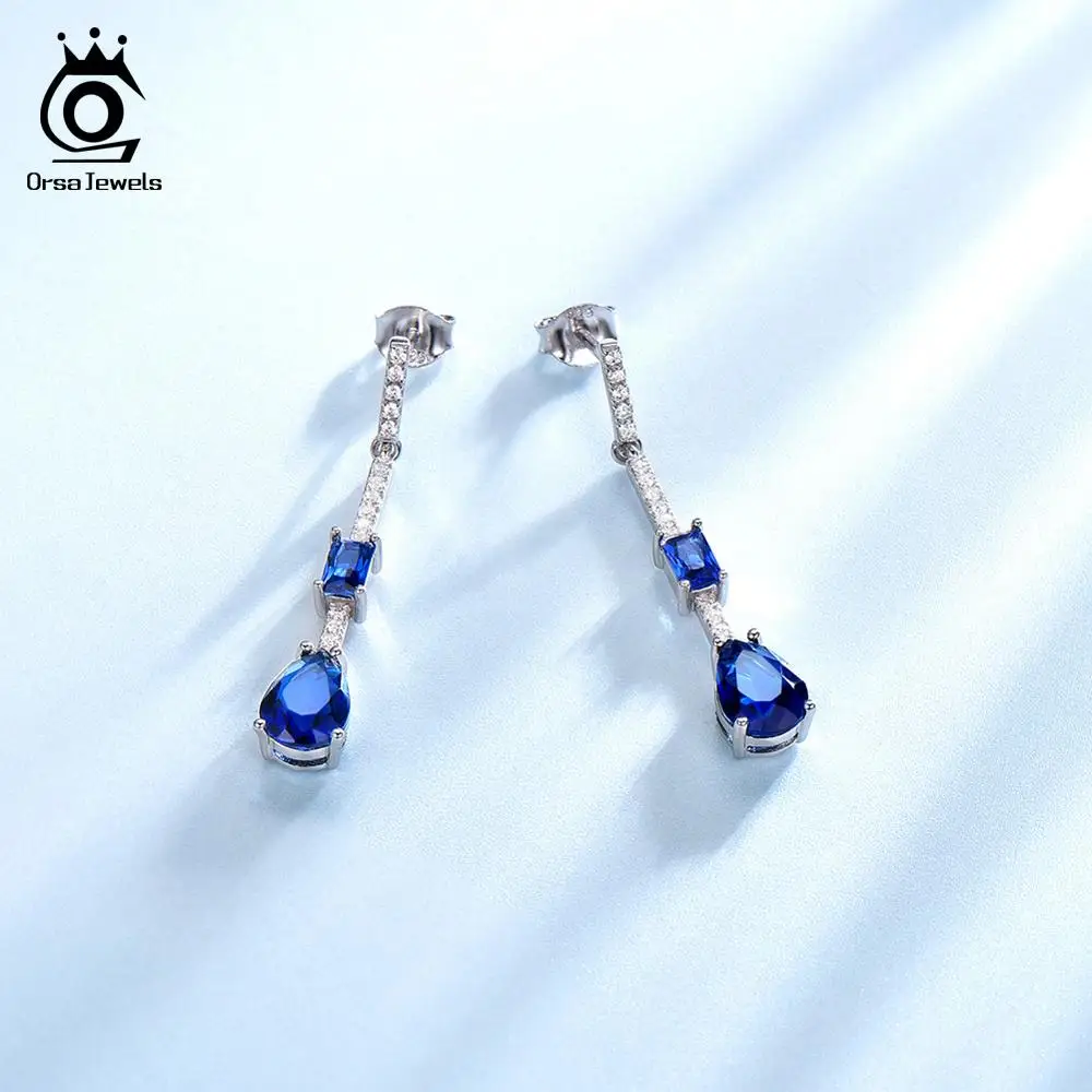 ORSA JEWELS Твердые стерлингового серебра 925 Женские бамбуковые стильные висячие серьги большой сапфир Новые висячие серьги женские ювелирные изделия VSE10