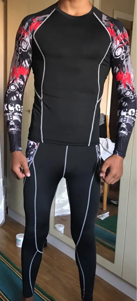 

Мужские компрессионные трико, футболка и штаны для бега, комплект нижнего белья для бодибилдинга, фитнеса, тренировок, 18 дюймов, 2017