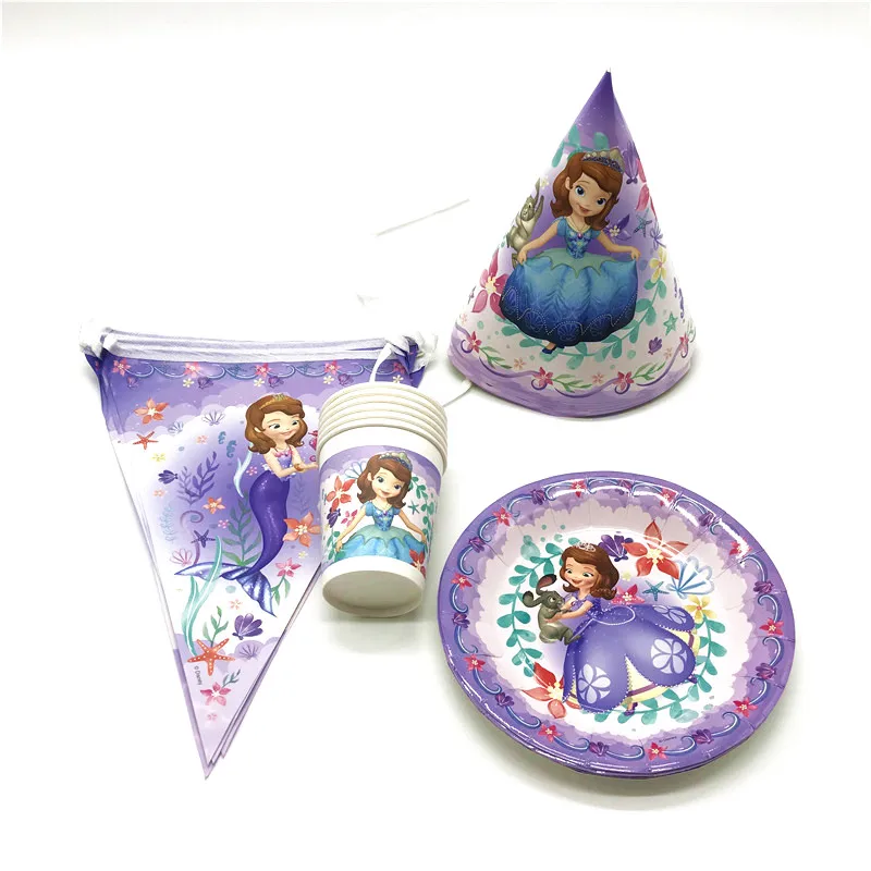 Disney Sofia The First 65 шт. чашка тарелка соломы мешок подарков Свадьба Baby Shower для маленьких девочек на день рождения Шум Maker баннер украшения питания