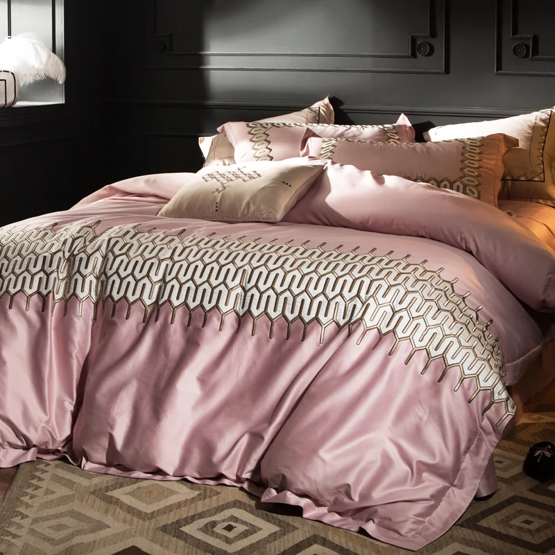 

120S Egyptian Cotton Embroidery Luxury Royal Bedding Set 4/6pcs King Queen Wedding Bed Sheet set Duvet cover Pillowcase pink red