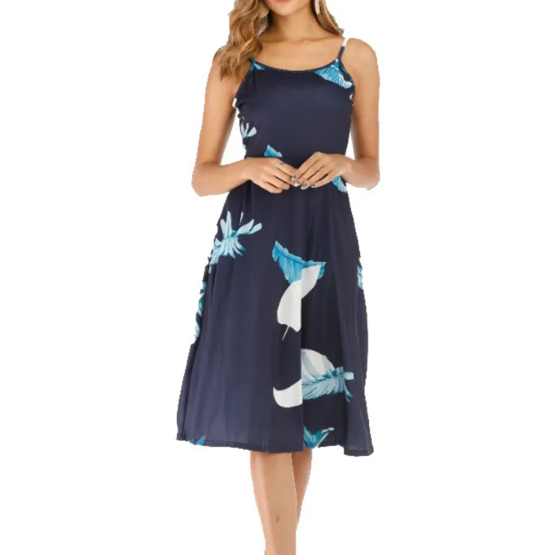 

2019 Spring Summer New Fashion Spaghetti Strap Printed Round Collar Sleeveless Mid Length Empire Waist Sleeveless Size S To 2XL