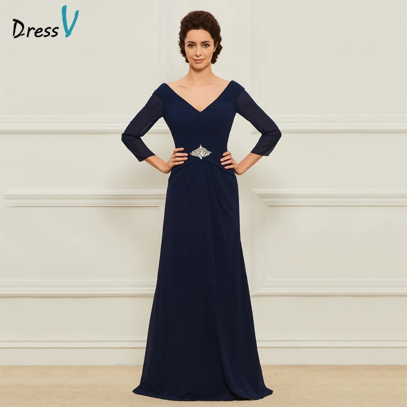 

Dressv navy blue long mother of the bride v neck a line floor length 3/4 sleeves beading formal party mother of the bride dress