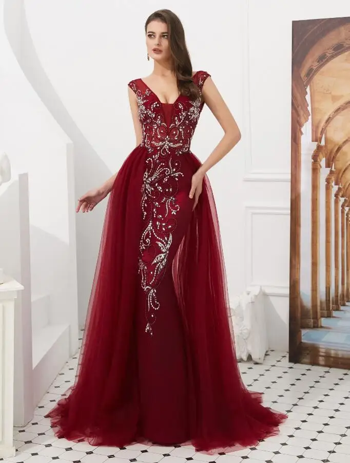 wine red Роскошное платье русалки для выпускного вечера,, красное вино/серое платье со шлейфом без рукавов с бисером и кристаллами, длинное вечернее платье - Цвет: wine red