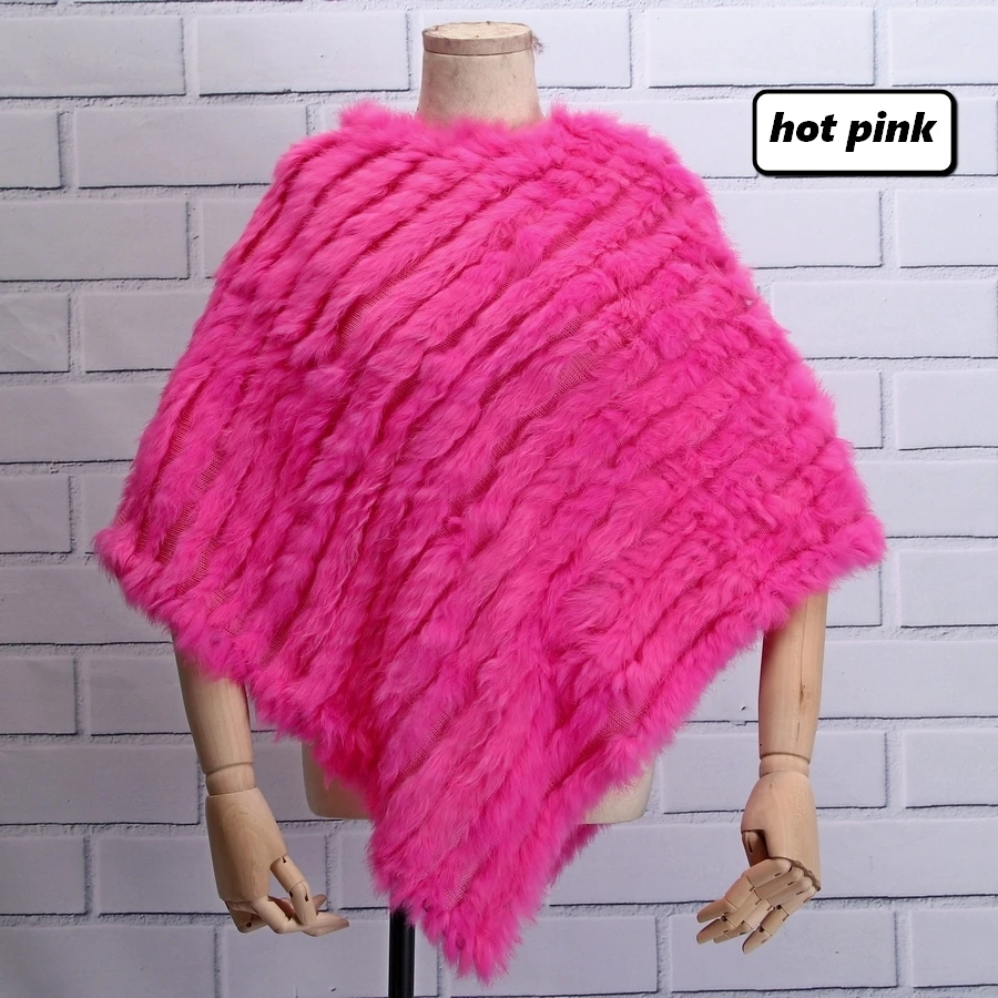 hot pink ZDFURS* Осень-зима, женское пончо из натурального кроличьего меха, треугольная меховая шаль, натуральный мех, пуловеры, вязаная накидка с кроличьим мехом - Цвет: hot pink