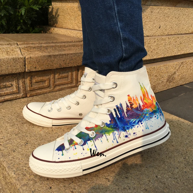 

Wen Original Shoes Hand Painted Sneakers Design Custom New York City Skyline Women Men's High Top White Canvas Sneakers