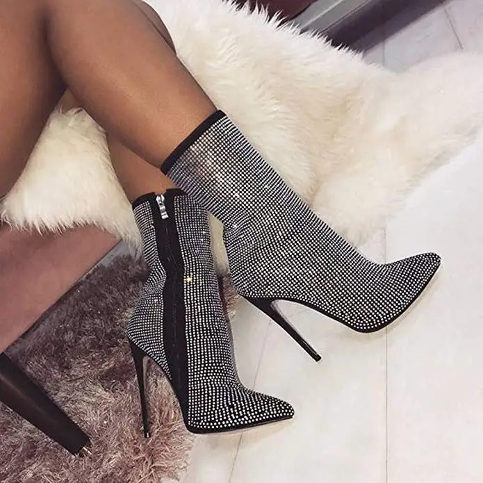 

Black Pointy Toe Rhinestone Hotfix Stiletto High Heels Shoes Sexy Women Ankle Booties Rivets Zip Short Boots Plus Size 35-43