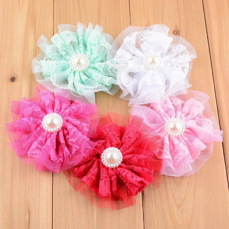 

(120pcs/lot)3.6" 12 Colors Fashion Shabby Shredded Flower With Pearl fFor Hairclip Lace Flower For Decoration