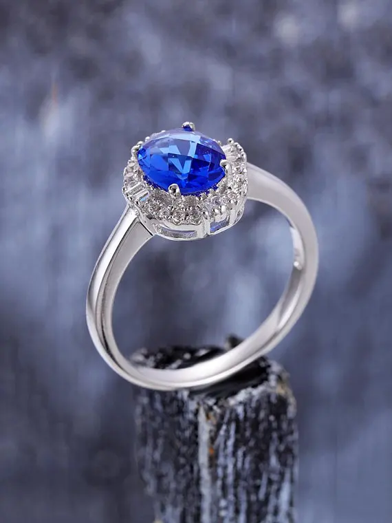 MYRAY Lab Created Blue Sapphire Wedding Ring 14k White Gold Baguette Cut Natural Diamond Halo Engagement Bridal Anniversary Gift | Украшения