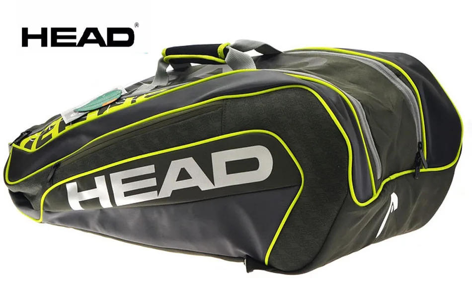 Сумка для тенниса Head Djokovic, оригинальная сумка для теннисной ракетки, двойная сумка на плечо, может держать 9 теннисных ракеток, Большой Вместительный теннисный рюкзак - Цвет: Green and yellow