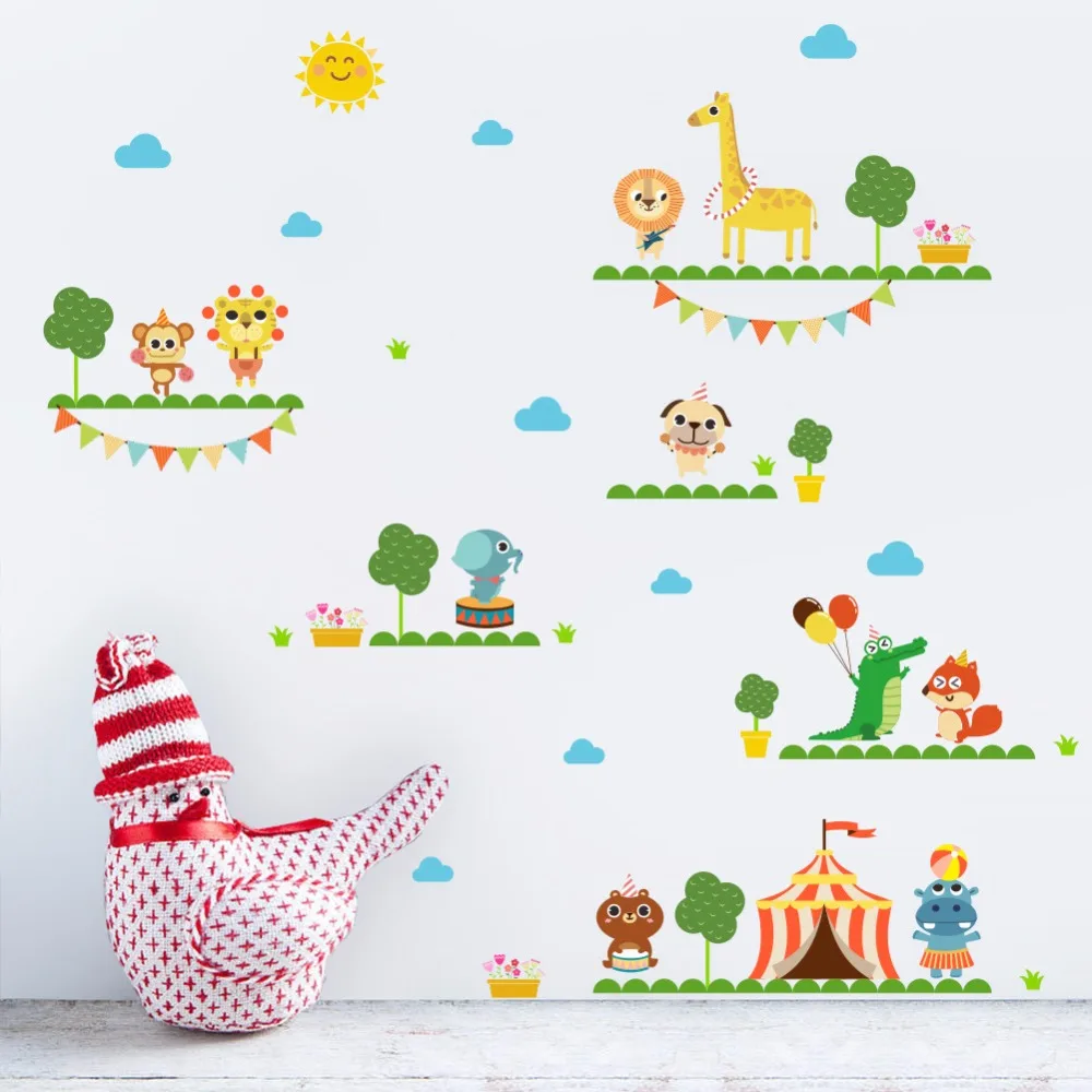 % Jungle Wild Animals Lion Giraffe Tiger Monkey wall stickers For kids room children nursery amusement park decal Mural | Дом и сад