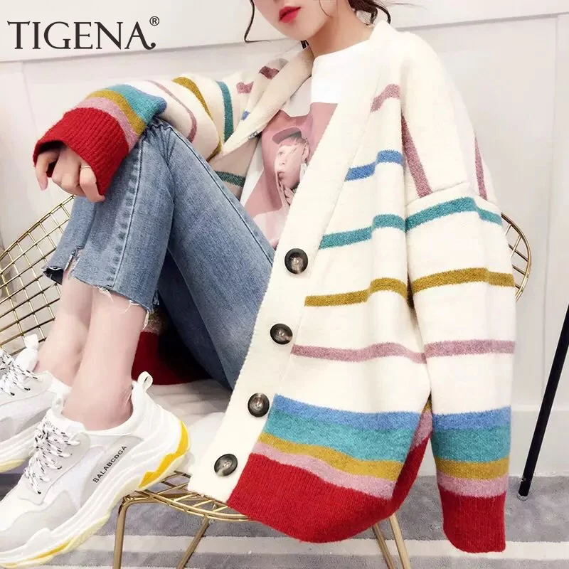 TIGENA 2019 Autumn Winter Oversize Striped Cardigan Women Knitted Sweater Jacket Single Breasted Long Sleeve Female |