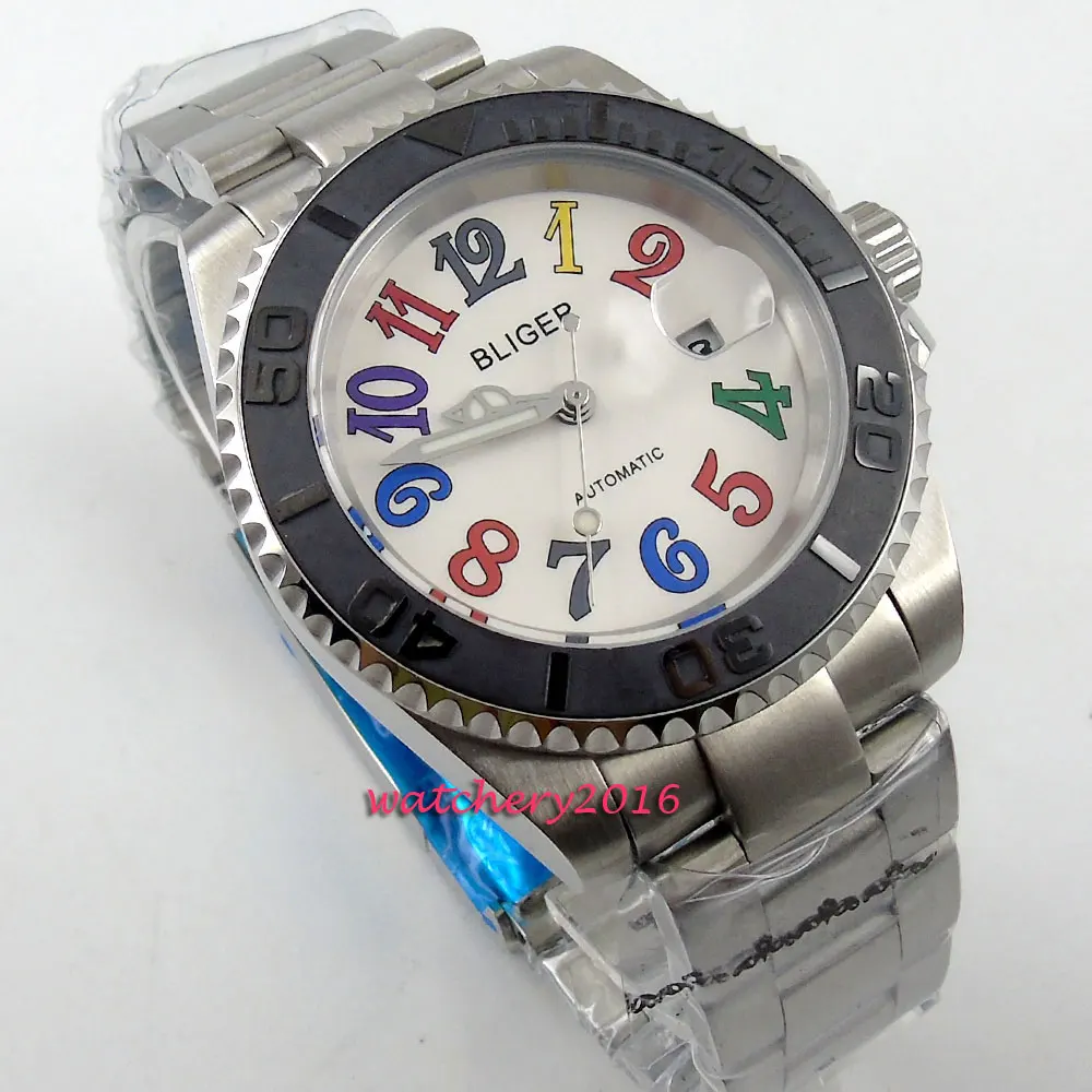 40 мм Bliger белый циферблат керамический ободок окошко даты застежка сапфировое