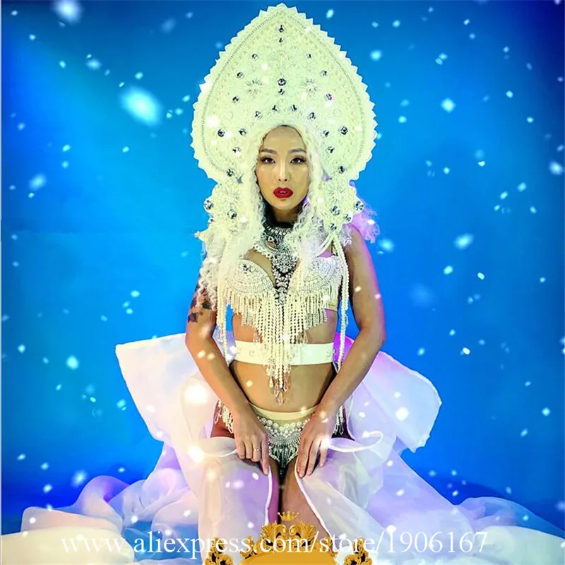 Women White Christmas Dress With Pearl Headwear Court Sexy Lady Bikini Suit Valentine's Day Performance Ballroom Costume |