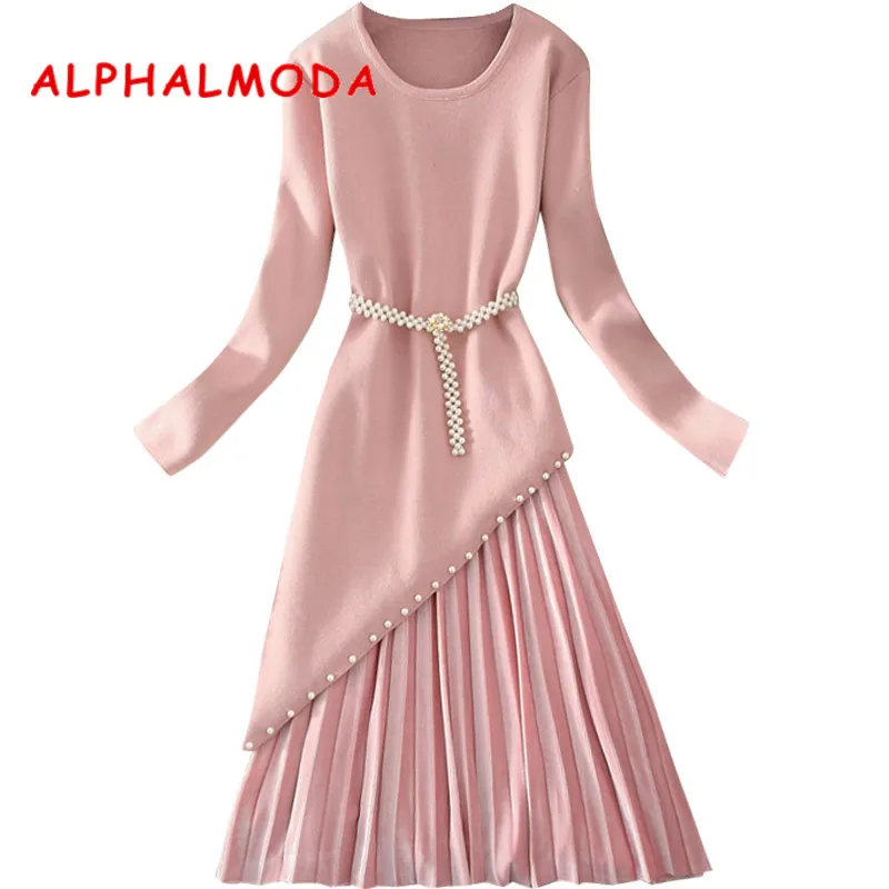 ALPHALMODA косой стильный длинный свитер + плиссированная бархатная юбка женский