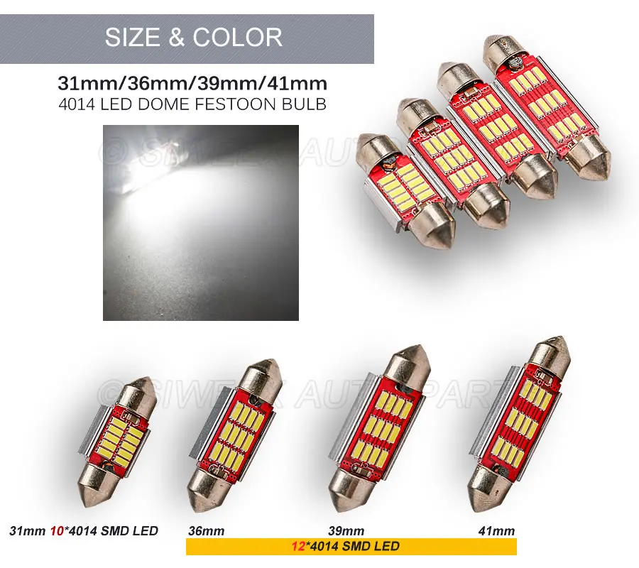 31 мм 36 мм/39 мм/41 мм светодиодный 12 4014 SMD купольный фестон лампы 12V настольная карта лампы номерного знака автомобиля светильник лампы белого цвета