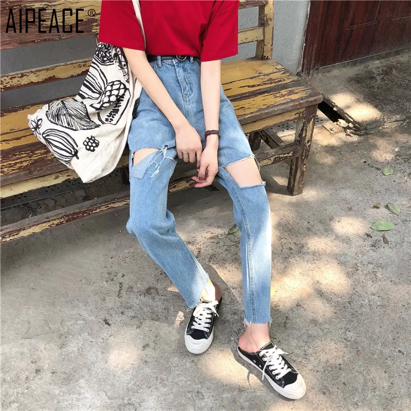 AIPEACE/летние женские ковбойские брюки, женские модные повседневные однотонные штаны с дырками для маленьких ног, женские узкие свободные джинсы с высокой талией