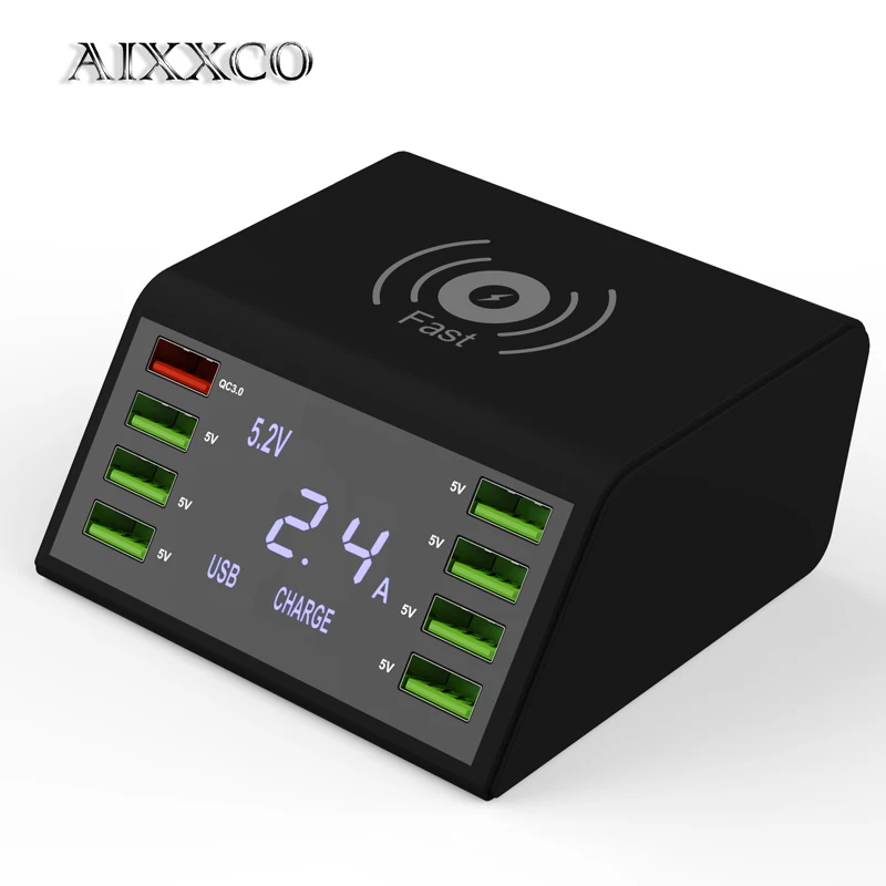 AIXXCO USB Quick Зарядное устройство 60W 8-Порты и разъёмы светодиодный Дисплей Quick Charge 3,0 Быстрая зарядка Зарядное устройство рабочего стола 10 Вт беспроводной Зарядное устройство паяльная станция