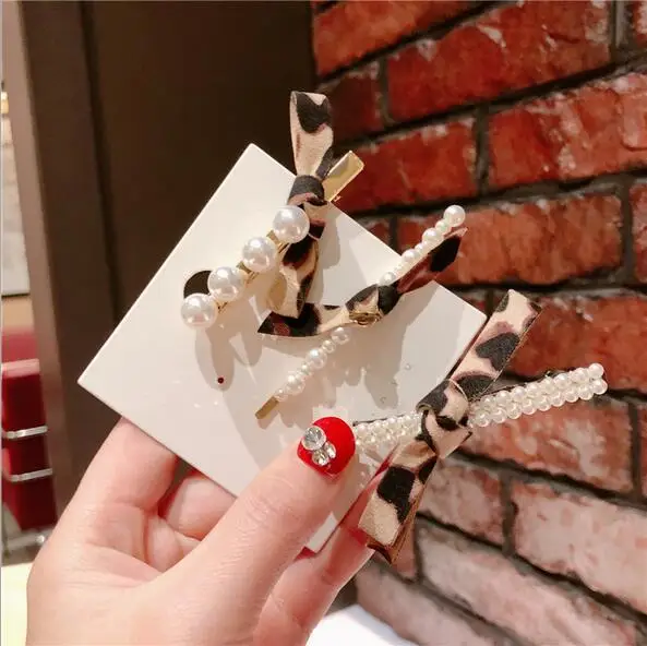 Korea Fashion Imitiation Pearl Crystal Hair Clips Leopard Bowknot Hairpins Accessories for Women Barrettes | Украшения и