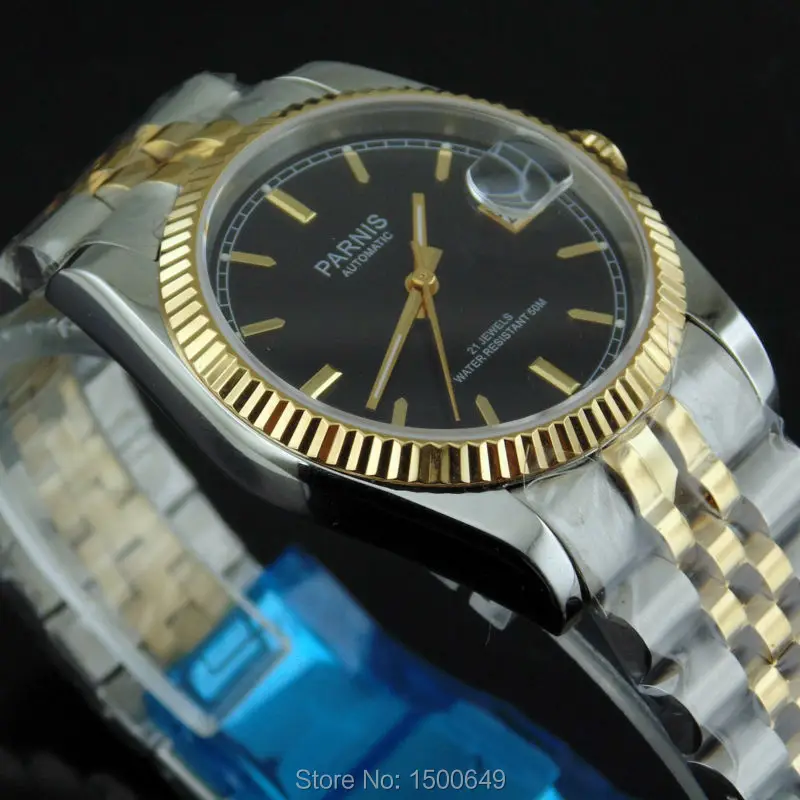 Женские часы с автоматическим механизмом Parnis черные циферблатом из черной стали