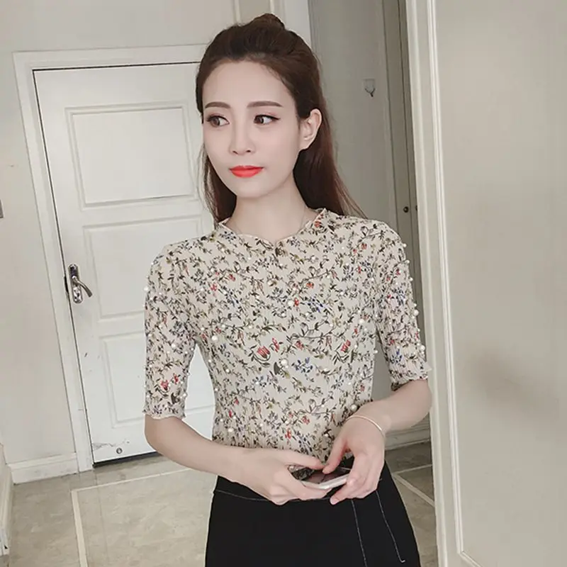 2017 Новое поступление Летняя блузка Mujer шифон блузки Бисероплетение цветочные