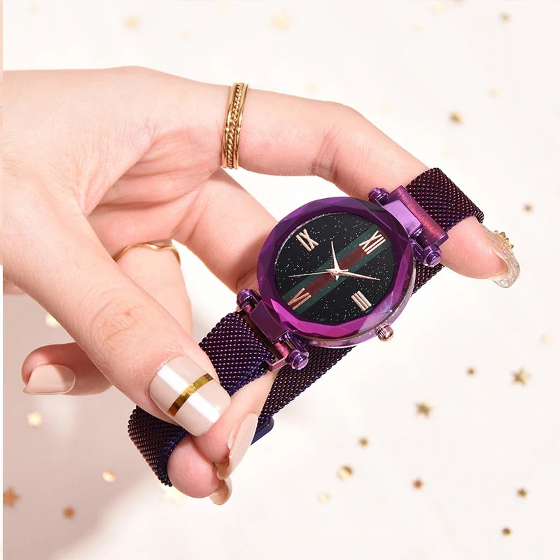 Роскошные розовые женские золотые часы магнит звездное небо наручные для женщин