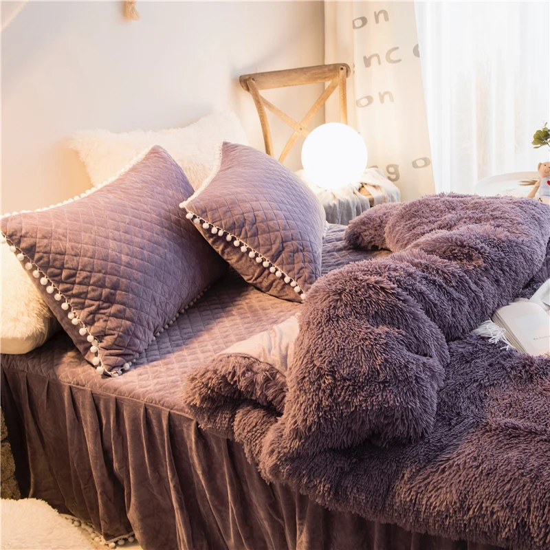 Розовый, красный, белый, фиолетовый, серый комплект постельного белья из флисовой ткани для девочек, Комплект постельного белья, норковый бархатный пододеяльник, плотная кровать, юбка, наволочки