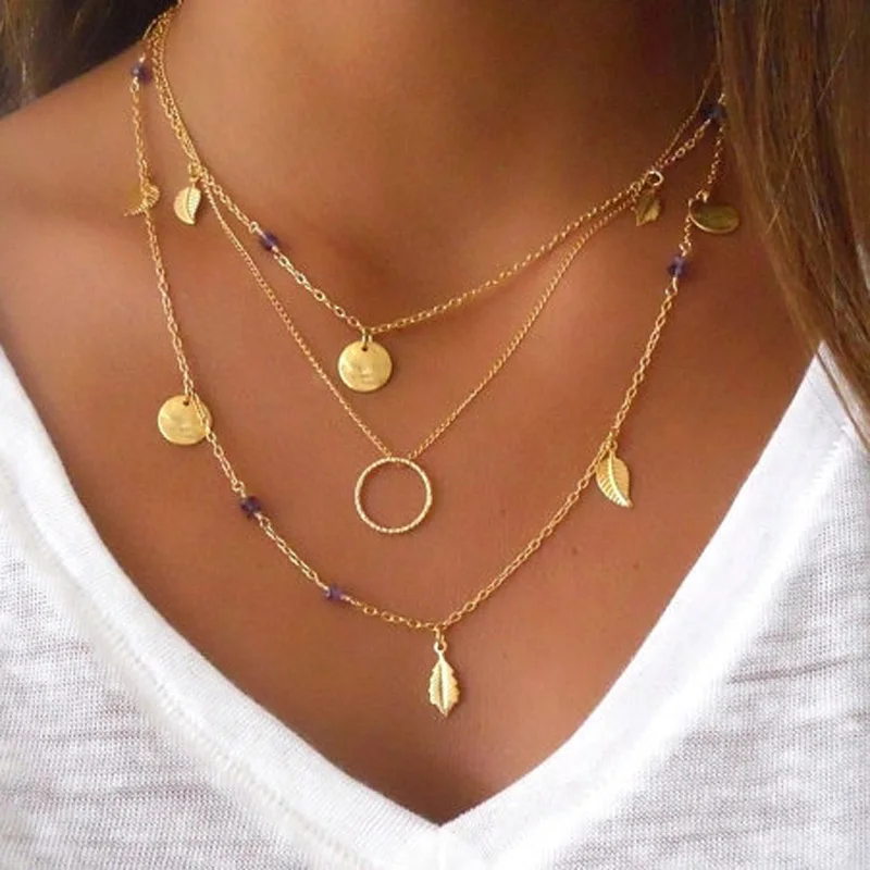 Ожерелье Pameng многослойное женское цепочка с подвеской в виде листьев
