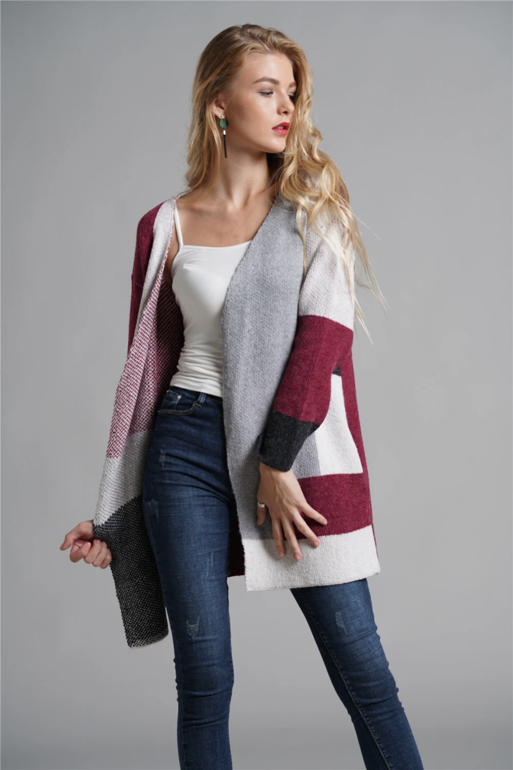 New Patchwork Color Long Sweaters Cardigan Autumn and Winter Women Casual Loose Knitted Sweater Coats Ponchos Capes |