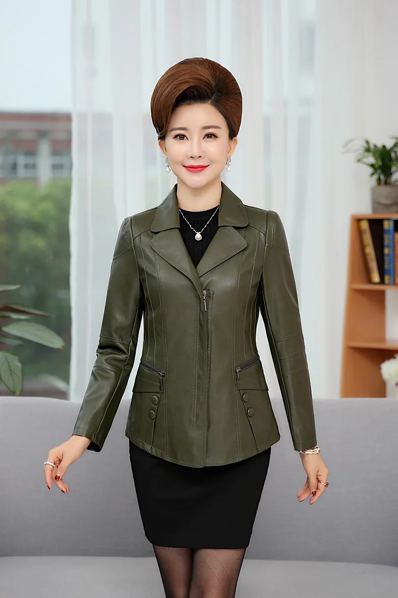 4Xl 5Xl 6Xl для женщин среднего возраста кожаная куртка Pu кожаные куртки женские тонкие элегантные пальто размера плюс осенняя одежда A3884