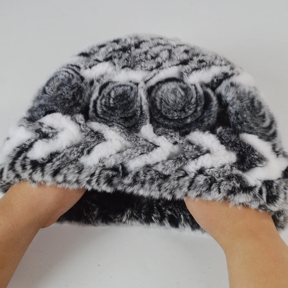 Новый женский вязаный полосатый шапка из меха кролика Рекс теплые зимние