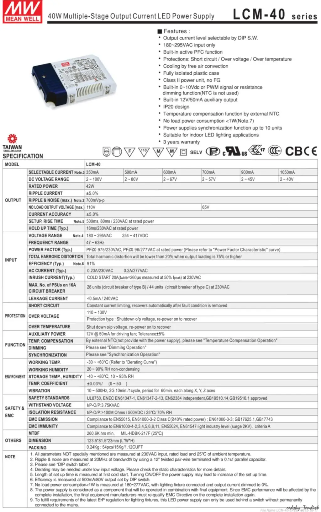 1 упаковка) Meanwell 40/60W DALI Диммируемый источник питания LCM-40/60DA 350mA 500mA 600mA 700mA 900mA 1050mA 1400mA мульти-выход PFC