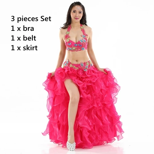 Fuchsia 3pcs suit Профессиональный Египетский костюм для танца живота, стразы, Бюстгальтер, чашка B/C, волнистая юбка, Египетский костюм для танца живота - Цвет: Fuchsia 3pcs suit